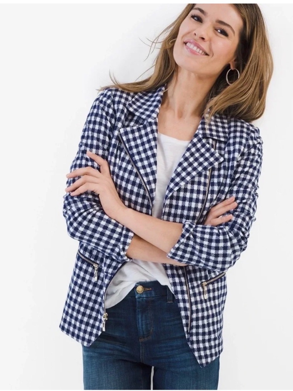 CHICO’S Gingham Moto Jacket - Blue/White